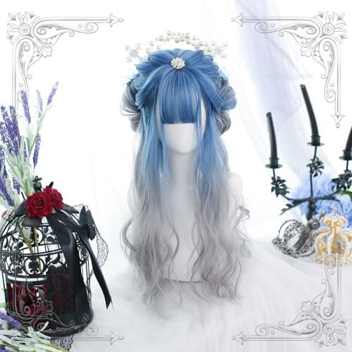 Gradient Blue Gray Harajuku Lolita Wig Fairy Long Curly Girls Grey Synthetic Hair Cute Bangs Kawaii Wavy Princess Daily Wear