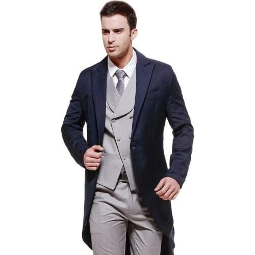 Custom formal suit peak lapel groom a button long jackets mens wedding dress four-piece suit (jacket + pants + vest, tie)