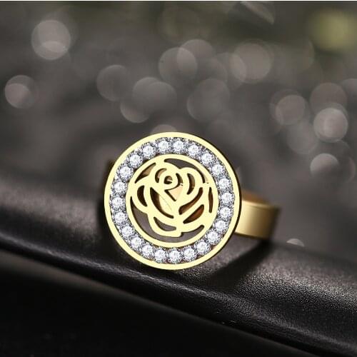 CACANA High Quality Fashion Crystal Rose Classical Stainless Steel Rings For Women Jewelry Gift R221