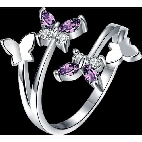 Wholesale Fresh and sweet Butterfly Ring silver color Rings For Women Open zircon Jewelry jewellery Anel Anillo LOVE GIFT