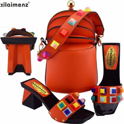 Hot Selling African Shoes With Matching Bags Set Italy Womens Party Shoes and Bag Sets Orange Color Women High Slipper