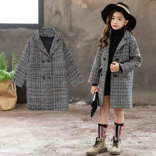 Menoea Girls' Coats Autumn And Winter Korean Version Gray Plaid Houndstooth Outerwear Big Childrens Woolen Coat Clothes
