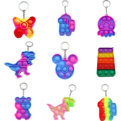 Cute pops its keychain simple dimple mini key ring trinket keyfob silicone edc fidget toy dinosaur mouse bear animal key pendant
