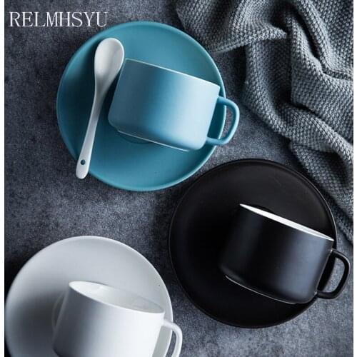 RELMHSYU Nordic Style 230ml Matte Ceramic Solid Coffee Milk Cup And Saucer Set Household Tea Mug Drinkware With Spoon Drinkware
