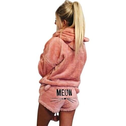 Drop Shipping Plus Size Women Cat Embroidered Nightwear Long Ladies Sleeve Pajamas Hoodie Fur Suit