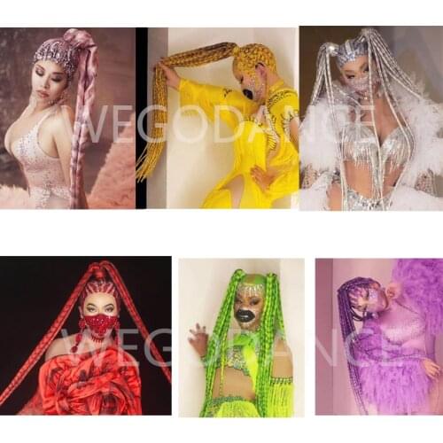 Rhinestone Style Wig Women Crystal Long Hair Headwear Gogo Nightclub Party Green Headdress Dancer Stage Accessorie