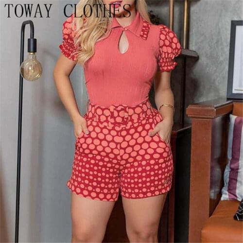 Turn-down Collar Short Sleeve Polka Dot Print Puff Sleeve Top & High Waist Shorts Set With Belt