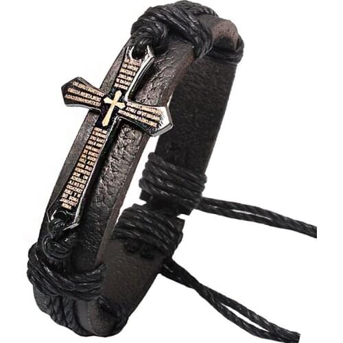 Vintage Leather Cross Scripture-Jesus Bracelets & Bangles Metal Religious-Belief Bracelet Black Men Jewelry