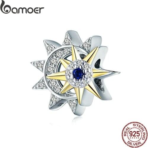 BAMOER Genuine 925 Sterling Silver Sun Meet Moon Luminous CZ Beads Charms fit for Women Bracelets Luxury DIY Jewelry SCC1137