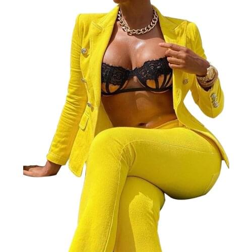 Casual pants Set For Women autumn New fashion Yellow colour pink Long Sleeve Blazer + Pants Two Piece Set Female Suits Suits