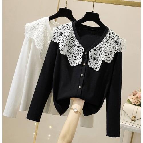 2021 White Turn-Down Collar Knitted Sweater Women Lace Patchwork Sweet Korean Style Autumn Sweaters Long Sleeve Pullovers Tops