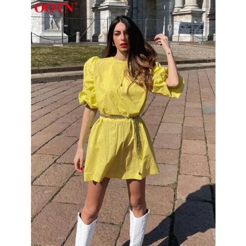 OOTN Cotton Lantern Sleeve Women Dress Summer Casual Loose O Neck A Line Solid Mini Dress High Waist Half Sleeve Woman Dresses