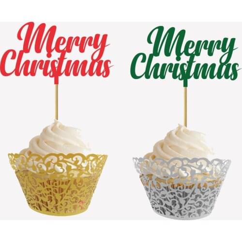 20pcs Glitter Merry Christmas Cupcake Topper, Happy Christmas Party Decoration, Red Green Cake Flags, Christmas Party Supply