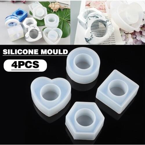 4pcs Silicone Holder Mold Heart Round Square Hex Ring Holder Mold DIY UV Resin Drop Gel Craft Casting Tool