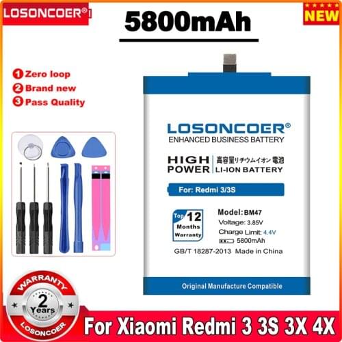 LOSONCOER 5800mAh BM47 Battery For Xiaomi Redmi 3 3S 3X 3 pro Red Rice Hongmi Redmi 4x Battery-In Stock