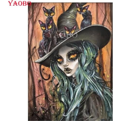 Full Square/Round Drill 5D DIY Diamond Embroidery Witch girl and sphynx cats Diamond Painting Cross Stitch Rhinestone Mosaic Art