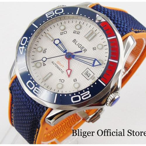White BLIGER Self Winding Sapphire Glass Men Wristwatch GMT Date Function Rubber Band