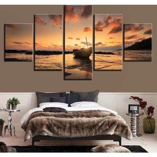 High-definition pictures printed canvas wall art home decoration posters 5 piece of ship sunset beach seascape painting the