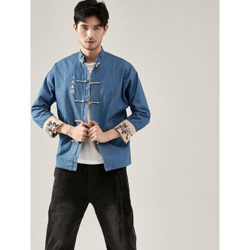 2021 Chinese Style Denim Jacket Men Clothes Jeans Jacket Men Clothing Embroider Asian Streetwear Black Outerwear Tang Suit 30378