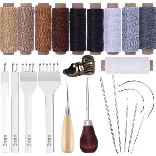 LMDZ 25Pcs Leather Sewing Tools Kit Hand 50m Waxed Threads Stainless Steel Hole Punches Hand Sewing Stitching Needles Awls