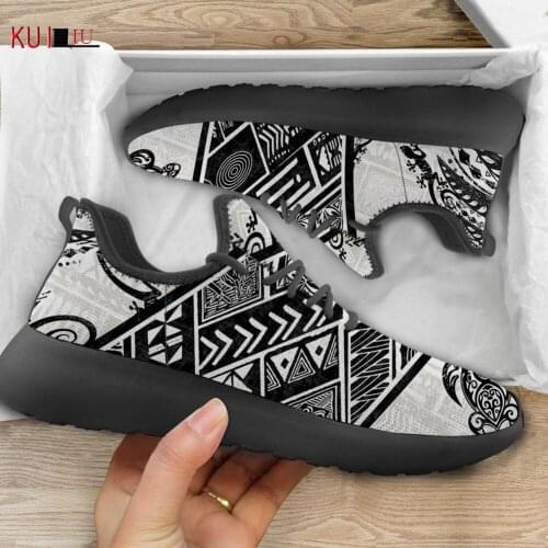 KUILIU Black And White New Fashion Sport Shoes Polynesian Tribal Print Men Women Mesh Knit Lightweight Sneakers For Running Walk