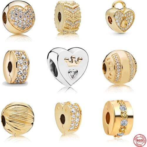New Gold Round Heart White Pave Clip Lock Diy Bead fit Original Pandora Charms Silver 925 Bracelet DIY Women Jewelry Accessories