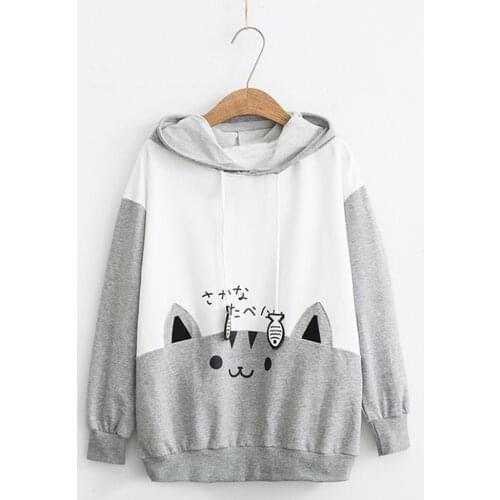 Autumn Winter Womens Casual Kitty Cat Print Pocket Thin Hoodie Casual Sweaters Women Shirt Long Sleeve loose Sweater Girls 2021