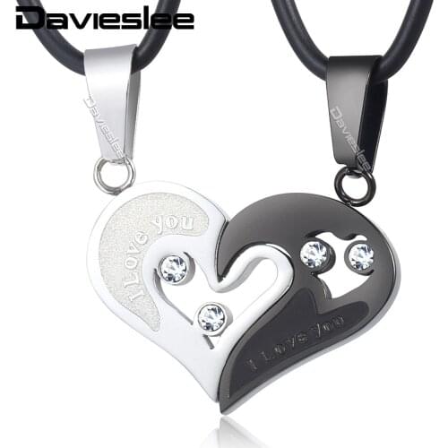 Davieslee Couples Pendant Necklace Chain I Love You Heart Stainless Steel Clear Rhinestones Black Gold Bule Silver Color LKPM138