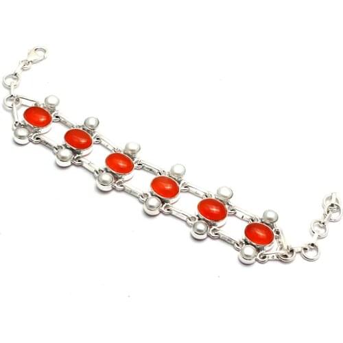 Genuine Carnelian + Pearl Bracelet 925 Sterling Silver, 18.5 cm, GRPB0381