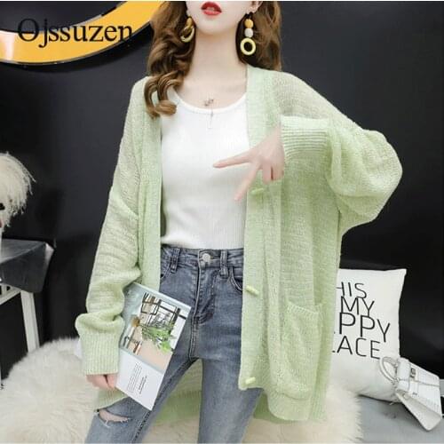 Long Sleeve Thin Knitted Cardigan For Women With Pocket Button Beige Pink Green Oversize Womens Sweater Jacket Knit Korean