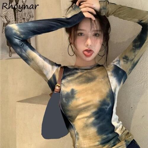 Long Sleeve T-shirts Women Fashion Preppy Tops O-Neck Tie Dye Casual Design Slim Cozy Korean Style All Match Autumn Daily Chic