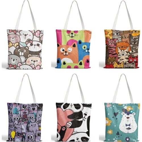 Fashion Cartoon Bear Printed Tote Bag For Women Canvas Faric Bag Ladies Shoulder Bag Outdoor Casual Tote Foldable Shopping Bag