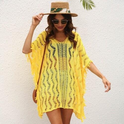 Womens Sexy Hollow Perspective Woven Blouse Wave Pattern Loose Beach Dress Yellow One Size