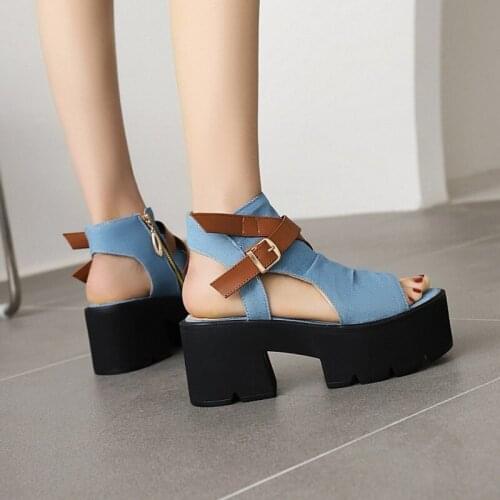 European and American Womens Thick Bottom Jeans with Color Peep-toe Sandals-6611