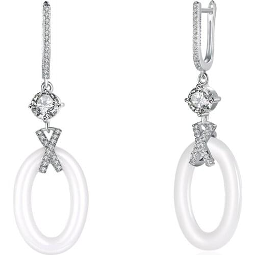 SILVERHOO Drop Earrings For Women 925 Sterling Silver Shine 5A Clear Cubic Zirconia Hanging White Ceramic Earring Fine Jewelry