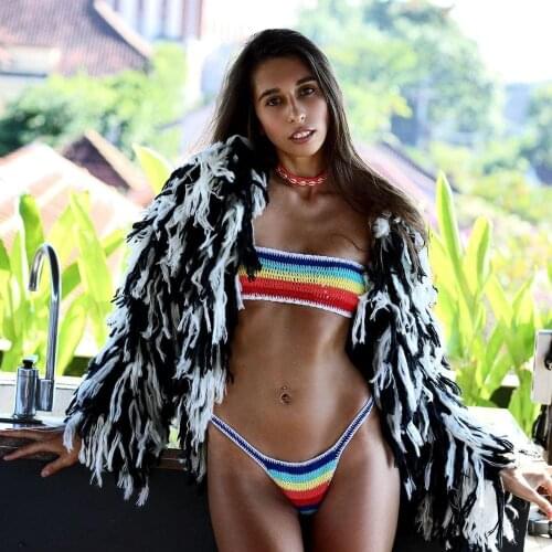 Hand Crochet Bikini Set Women Beach Tank Swimwear Lining Swimsuit Suit