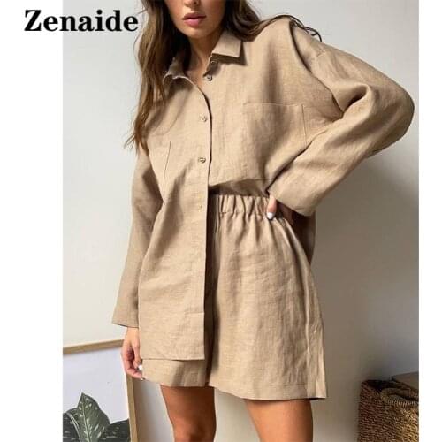 Zenaide 2021 Summer Casual Long Sleeve Top Shirts And Mini Shorts Set Women Loose Two Piece Sets Khaki White Fashion Loung Wear