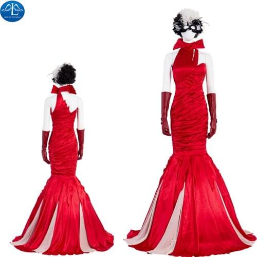 Cruella Cosplay Red Dress Fashion Queen Cruella De Vil Costume Wedding Evening Party Dress Women Halloween Outfit Custom Made