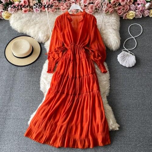 Dresses for Women V Neck Chiffon Sexy Dress Female Vintage Korean Style Vestido De Mujer High Quality Women Clothing Chic Design
