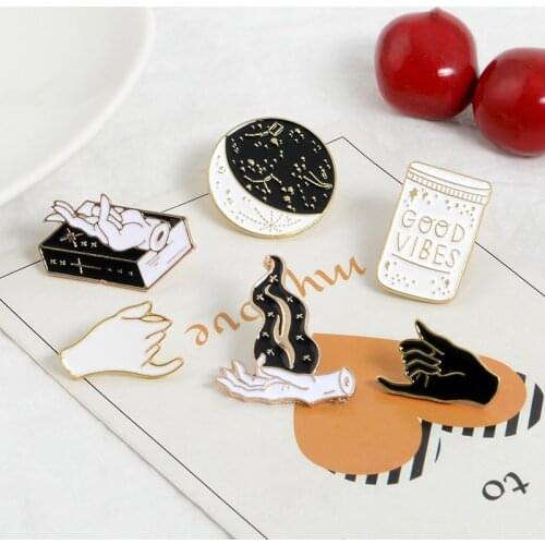 Punk Gold Black White Enamel Pin Gesture Witch Book Wizard Badge GOOD VIBES Round Brooch Shirt Bag Jewelry Accessories Trinket