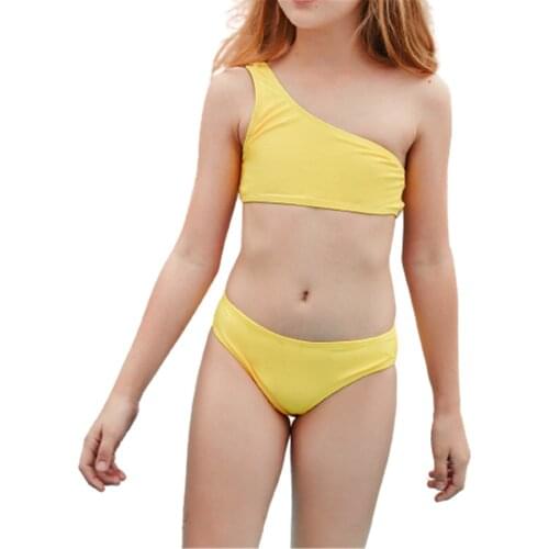 Off Shoulder Bikini Girls Holiday Cute Solid Set Two Piece Swimsuit Bathing Suit 2021 Summer Bikini Kids Swimwear For Girls