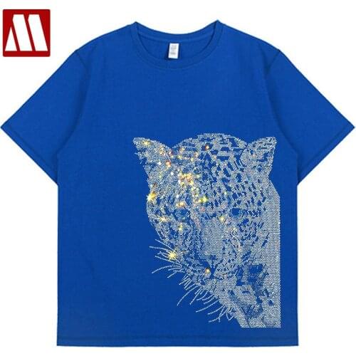 Boho Black Leopard Head Graphic Tees Women Cotton Short Sleeve O Neck Tshirt New Fashion Women Diamond T-shirt Casual T shirts