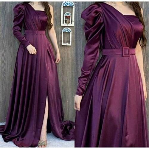 Elegant A-Line Long One Shoulder Evening Dresses with Slit Satin Floor Length Zipper Back Formal Party Dresses for Women