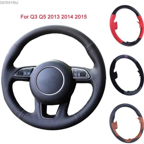 GERAYBU Custom DIY Original Black Leather Hand-sewn Car Steering Wheel Cover For Audi Q3 Q5 2013-2015 Breathable Wear-resistant