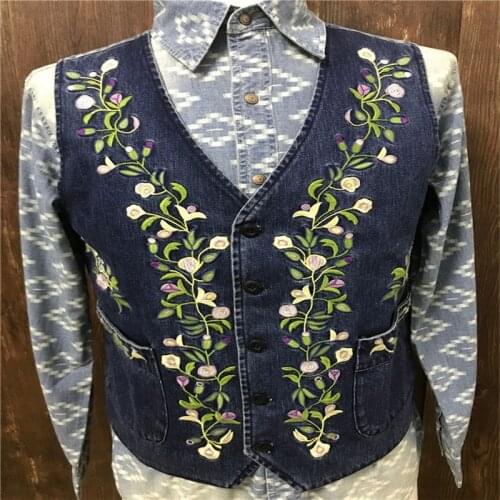 Mens cotton vintage denim vest Navajo embroidery vest