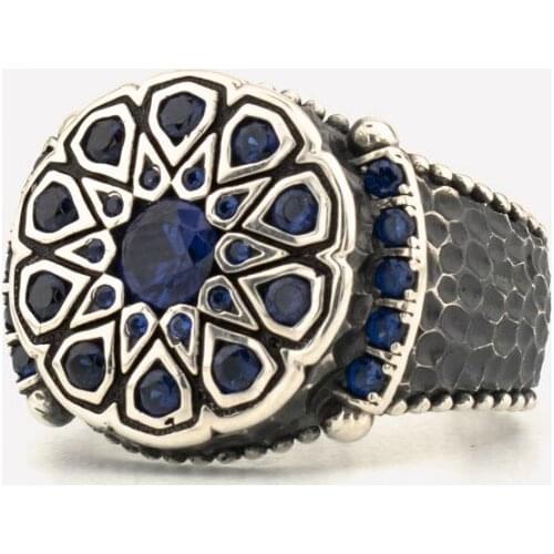 New Authentic Sterling Silver Antique Turkish Round Blue Zircon Master Hand Ring Mens Rustic Hallmarked Male Jewelry Accessory
