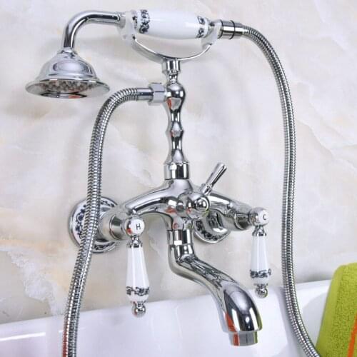 Polished Chrome Brass Double Ceramic Handles Wall Mounted Bathroom Clawfoot Bathtub Tub Faucet Mixer Tap w/Hand Shower ana215