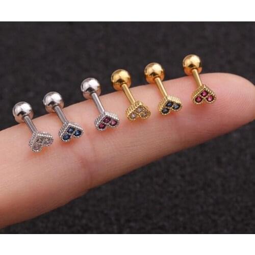 Stainless Steel Crystal Heart-shaped 1Pc Cartilage Stud Earring Fashion Tragus Conch Rook Helix Ear Piercing Jewelry