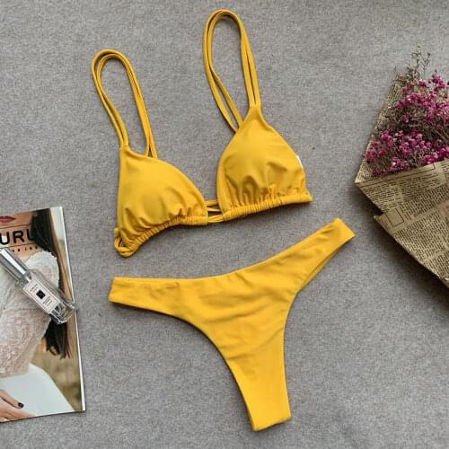Sexy Micro Bikini Women Solid Yellow Occidental Secret Pleat Swimsuit Push Up Bathing Thong Swimwear Stroje K Pielowe Damskie