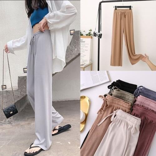 MosiMolly Women Summer Ice Silk Pants Wide Leg Floor Length Long Pants Cool Casual Pants Female Trousers Bottom